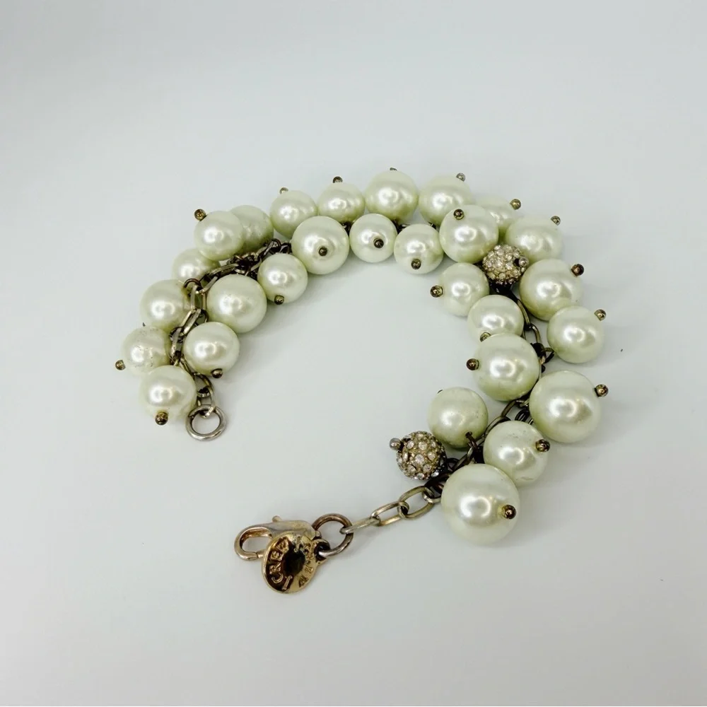 J Crew Faux Pearl and Rhinestone Cluster Dangle Bracelet 8 Inch w Dust Bag